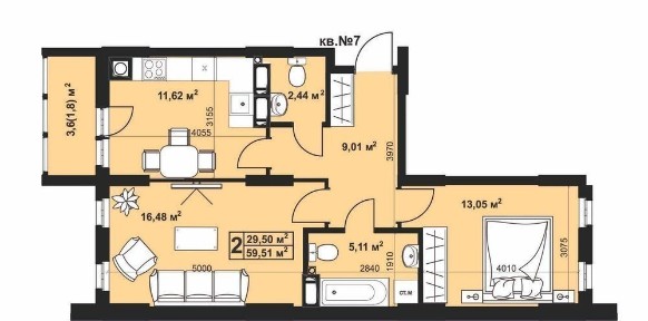 2-х кім. квартира 59,6м2 ЖК 