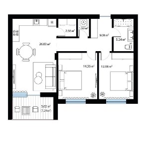 Продаж двокімнатної квартири 73,70 м2 з видом на гори. Тячів.