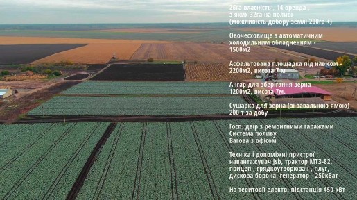 Продаж фермерського комплексу 26га. Земля, склади, сушарки, техніка