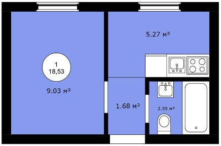 1-кім. роздільна 18.5м2 | Кухня Окремо | Газ | Центральні коммунікації