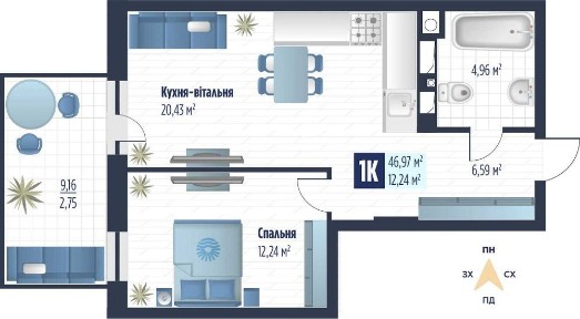 Продаж 1 кім. квартири VERO бічна вул. Стрийської 46.97 кв. м