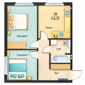 2-к квартира 43,31 м2 без комісії. 20 хв метро. Від забудовника. Розтермінування 12 місяців