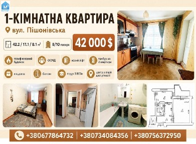1-кімнатна квартира на Пішонівській у газифікованому будинку