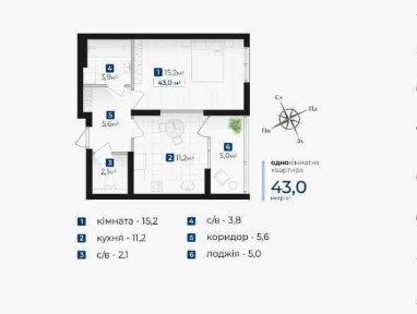 1-кімнатна квартира 43 м² у ЖК Senat - Індивідуальне газове опалення