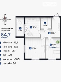 Продаж 2к квартири 64.7 кв. м на вул. Довженка О. • ID 34314468