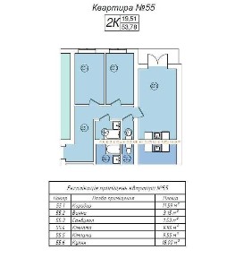 Квартира 2-кімнатна 4 поверх 54 м2