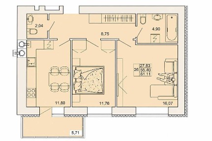 2-кімнатна квартира 61,11 м² у центрі міста |ЖК «На Сінній 25 »