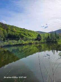 Продаж деревяного булинку у озера на березі річки біля Сваляви