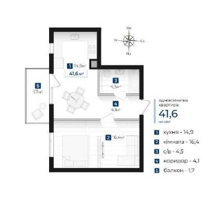Продаж 1-к квартири 41.6 м² з балконом від топового забудовника
