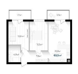 2к. квартира пл. 63,5 м² в ЖК комфорт класу.