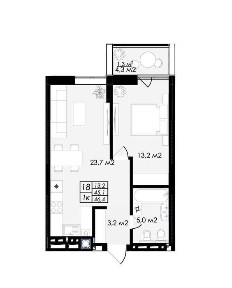 Продаж 1-кімнатної квартири 46.4 м² у ЖК Prostir (Простір). Кухня-вітальня 23.7 м². Преміум-клас. Здача - 4 кв. 2027 р. (біля Арени Львів).