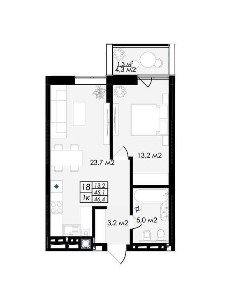 Продаж 1-кімнатної квартири 46.4 м² у ЖК Prostir (Простір). Кухня-вітальня 23.7 м². Преміум-клас. Здача - 4 кв. 2027 р. (біля Арени Львів).