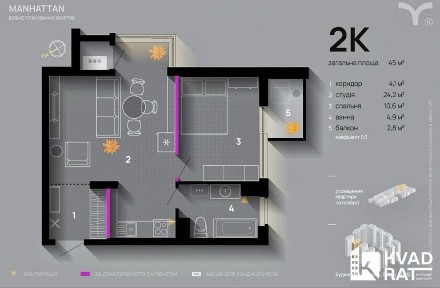 Здана 1кім з кухнею-студією в ЖК Manhattan, 7 будинок, 5 поверх!