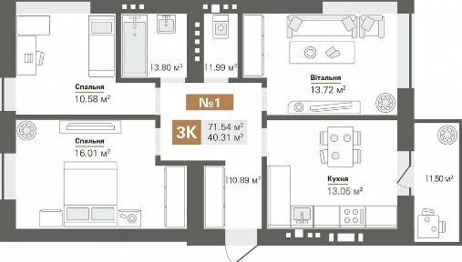 ЖК Park Residence квартира у новобудові площею 71 кв. м/Трикімнатна