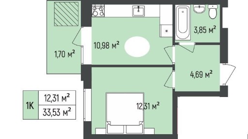 1-кімнатна квартира 33,53 м² Ірпінь