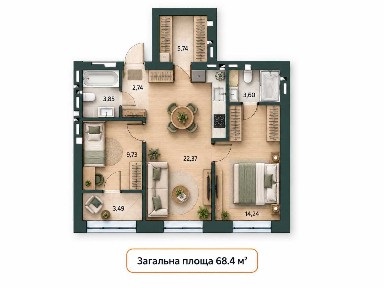 Продам 2-кім квартиру 68.5м2 в зданій новобудові